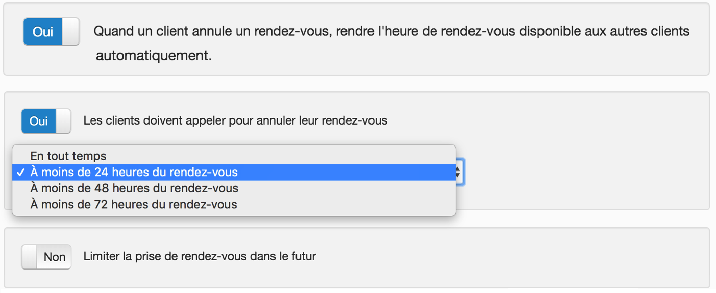 Les paramètres permettant à un professionnel d'éviter les annulations de dernière minute