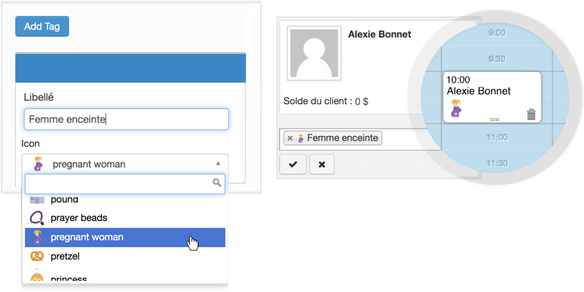 Étiqueter un client, ajouter une icône et la voir apparaître sur le rendez-vous dans l'horaire