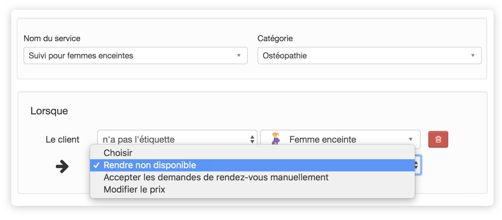 Un service rendu indisponible aux clients arborant un tag grâce aux paramètres GOrendezvous