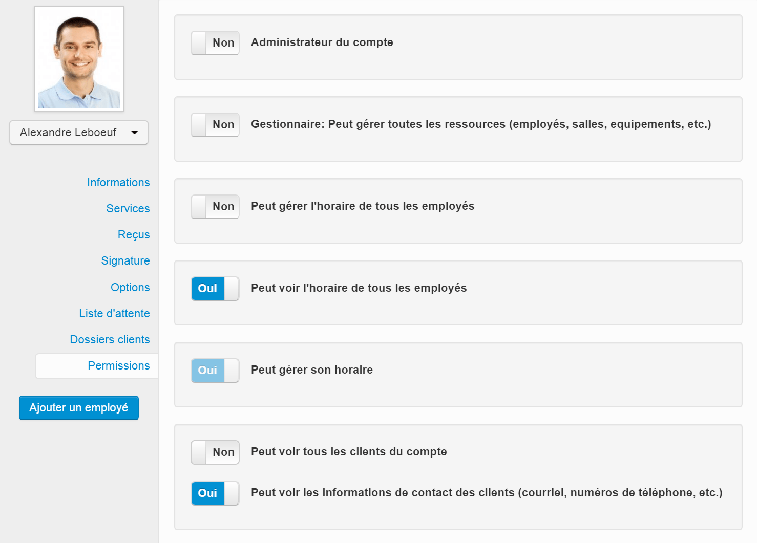 Paramètrages des permissions d'un employé