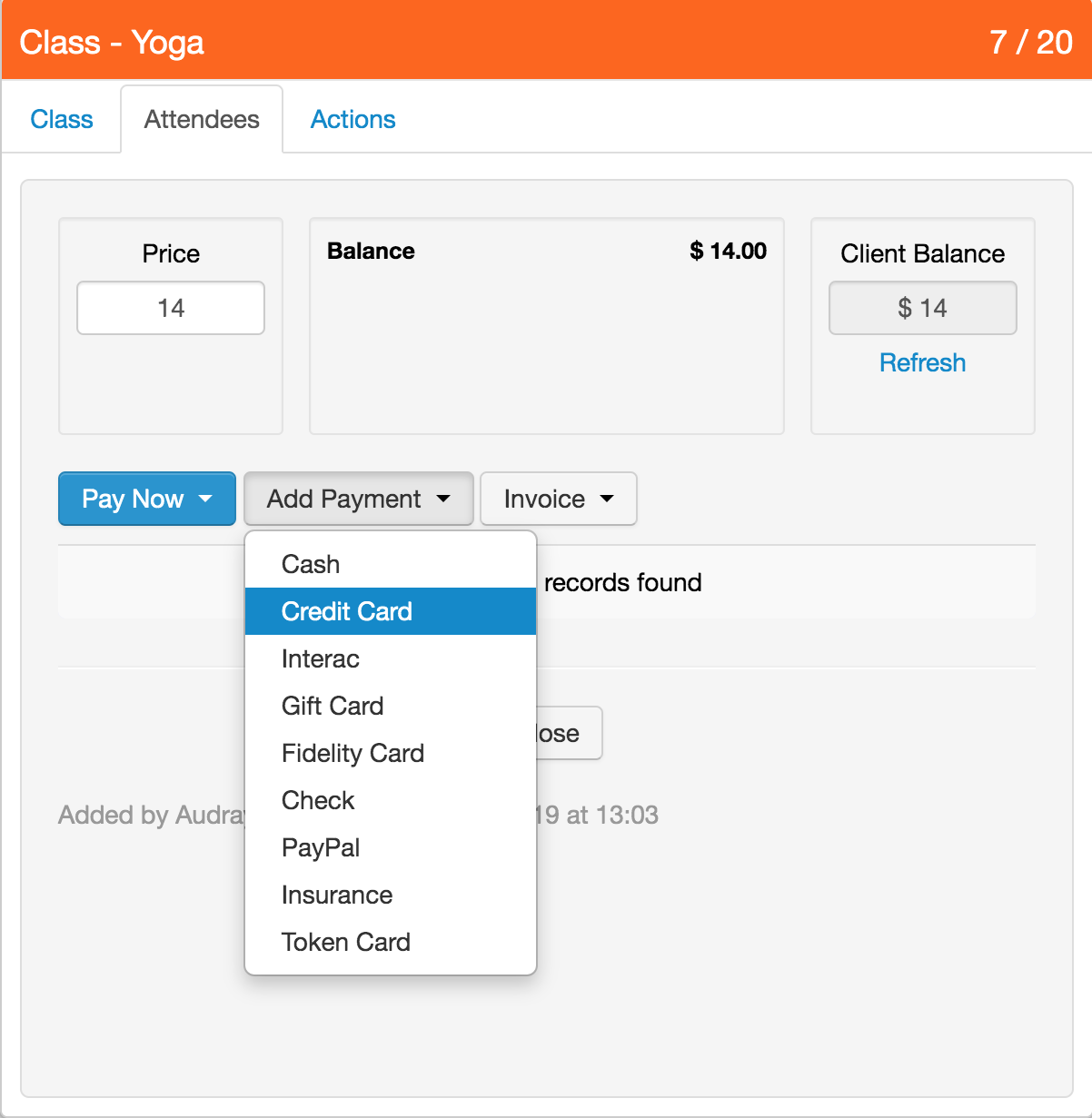 Payments and payment methods tracking window displaying the class' price and current client balance