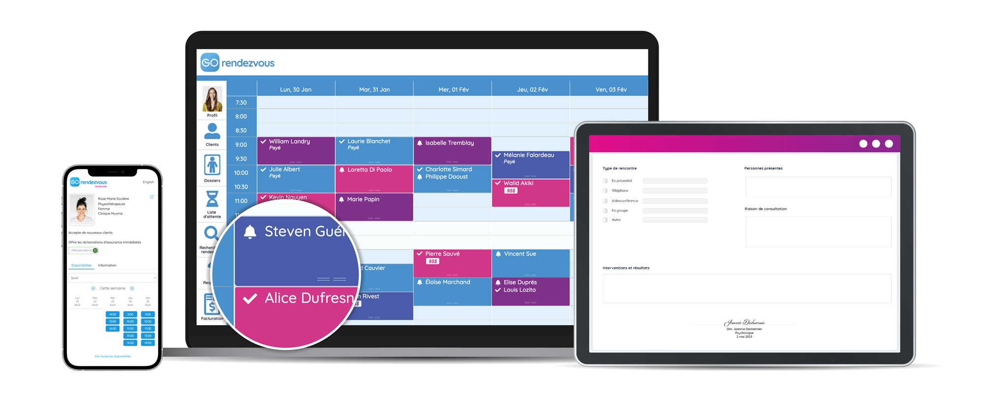 Une vue de l'horaire GOrendezvous d'un psychologue sur différents appareils