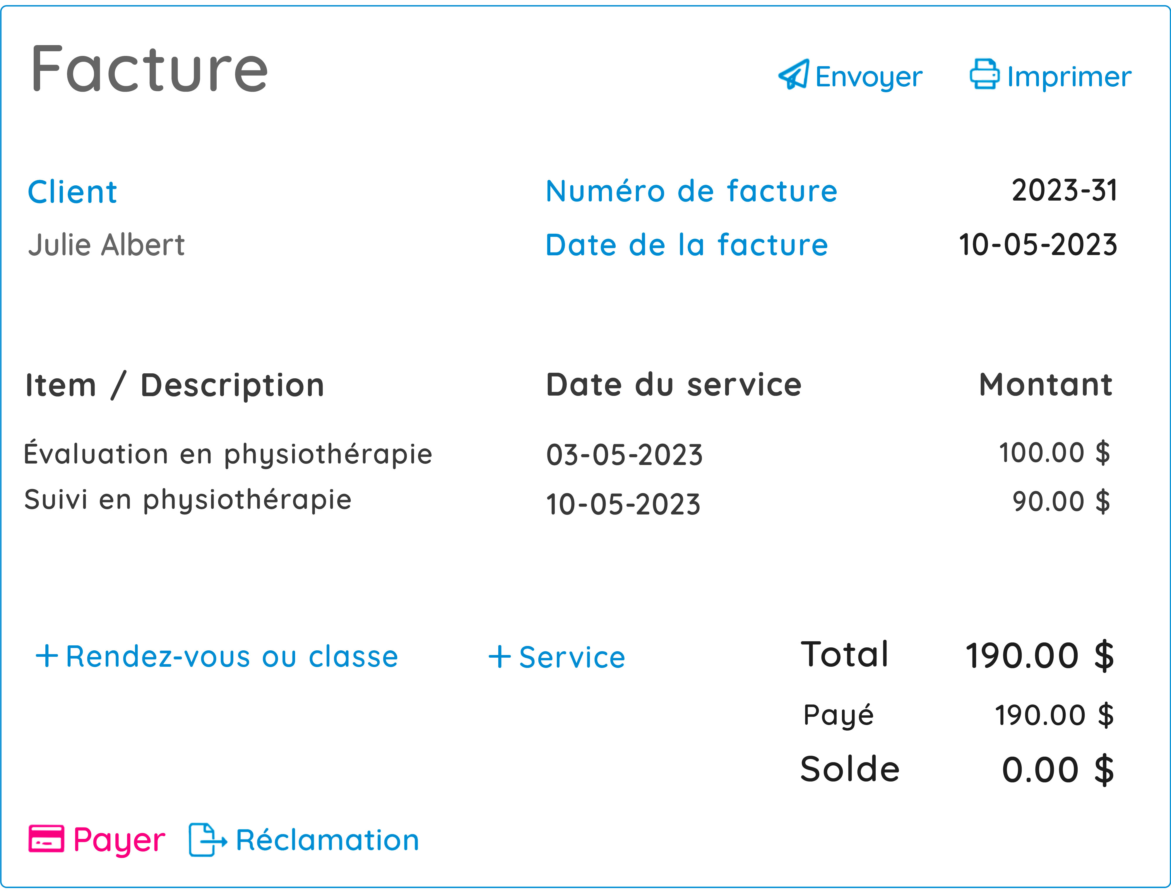 Facture GOrendezvous pour services rendus par un physiothérapeute